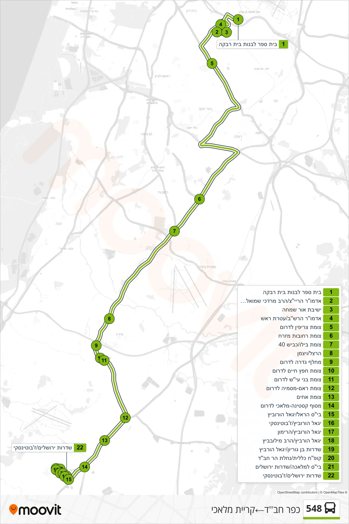 548 bus Line (Kfar Chabad‎→Kiryat Malachi) route and stops on a map
