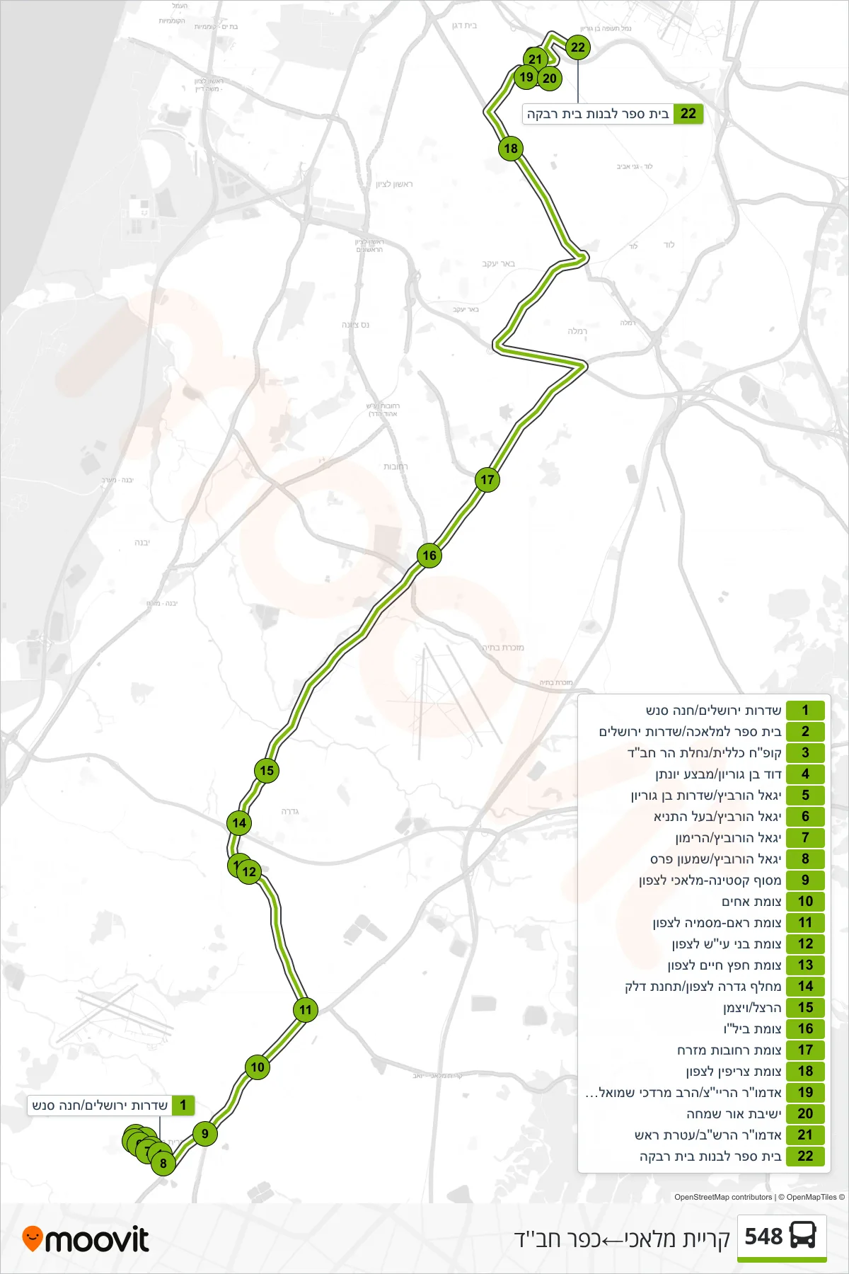 548  Line (Kiryat Malachi‎→Kfar Chabad) route and stops on a map