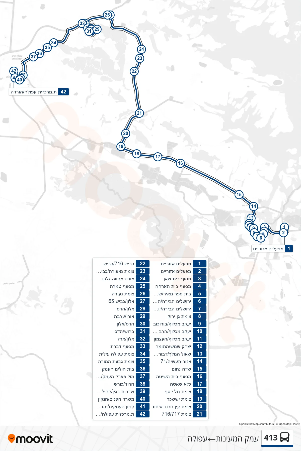 413 bus Line (Emek HaMa'ayanot‎→Afula) route and stops on a map