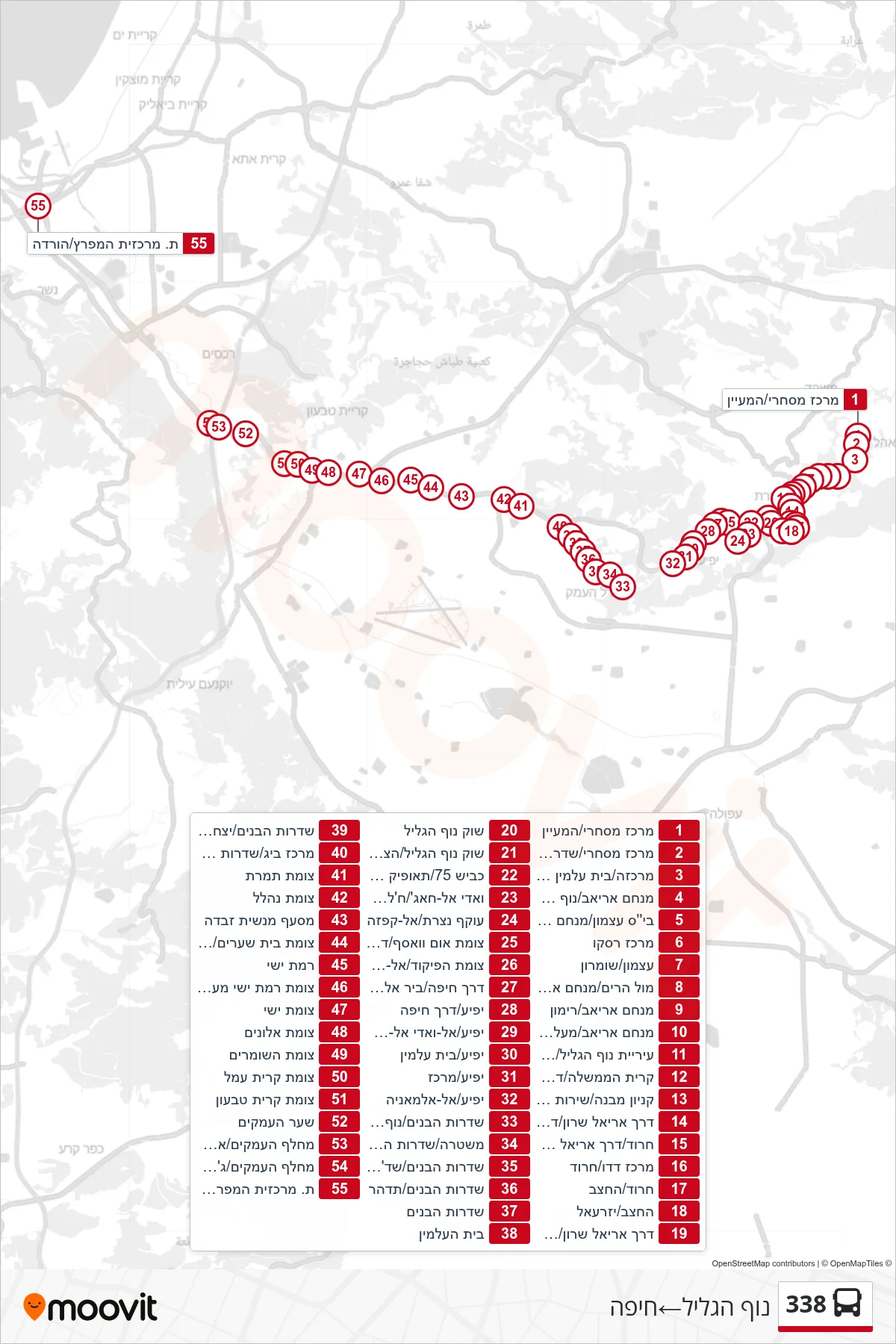 338 bus Line (Nof HaGalil‎→Haifa) route and stops on a map