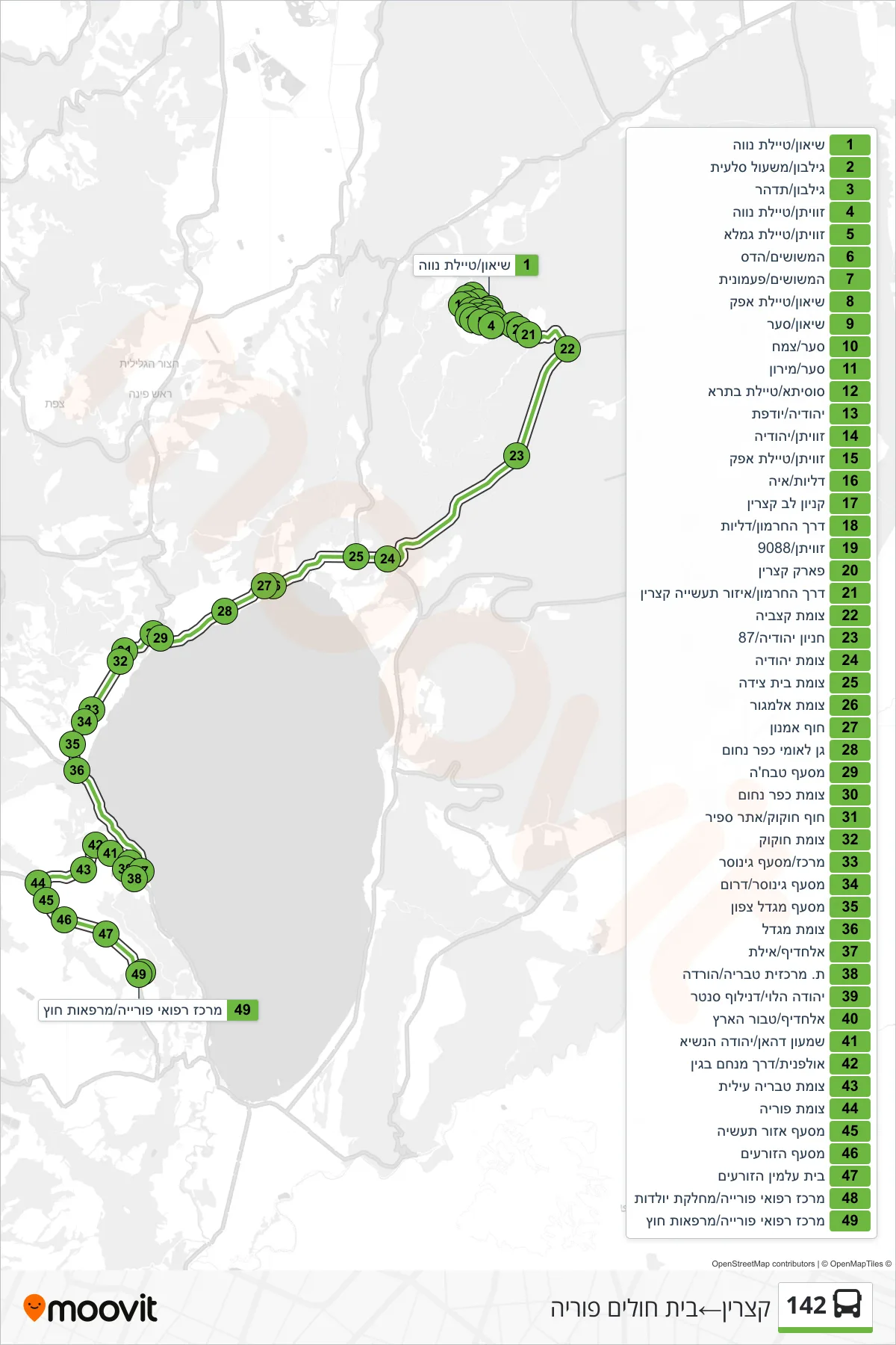 142 bus Line (Katzrin‎→Poriya Hospital) route and stops on a map