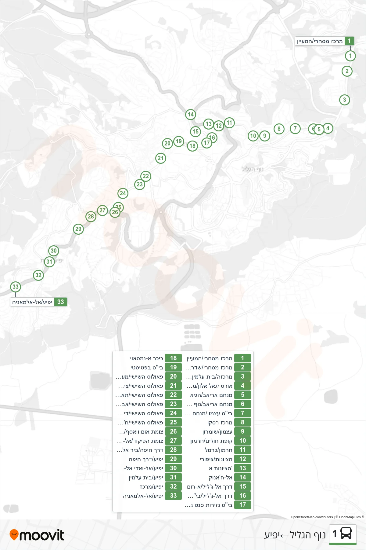 1 bus Line (Nof HaGalil‎→Yafi'a) route and stops on a map
