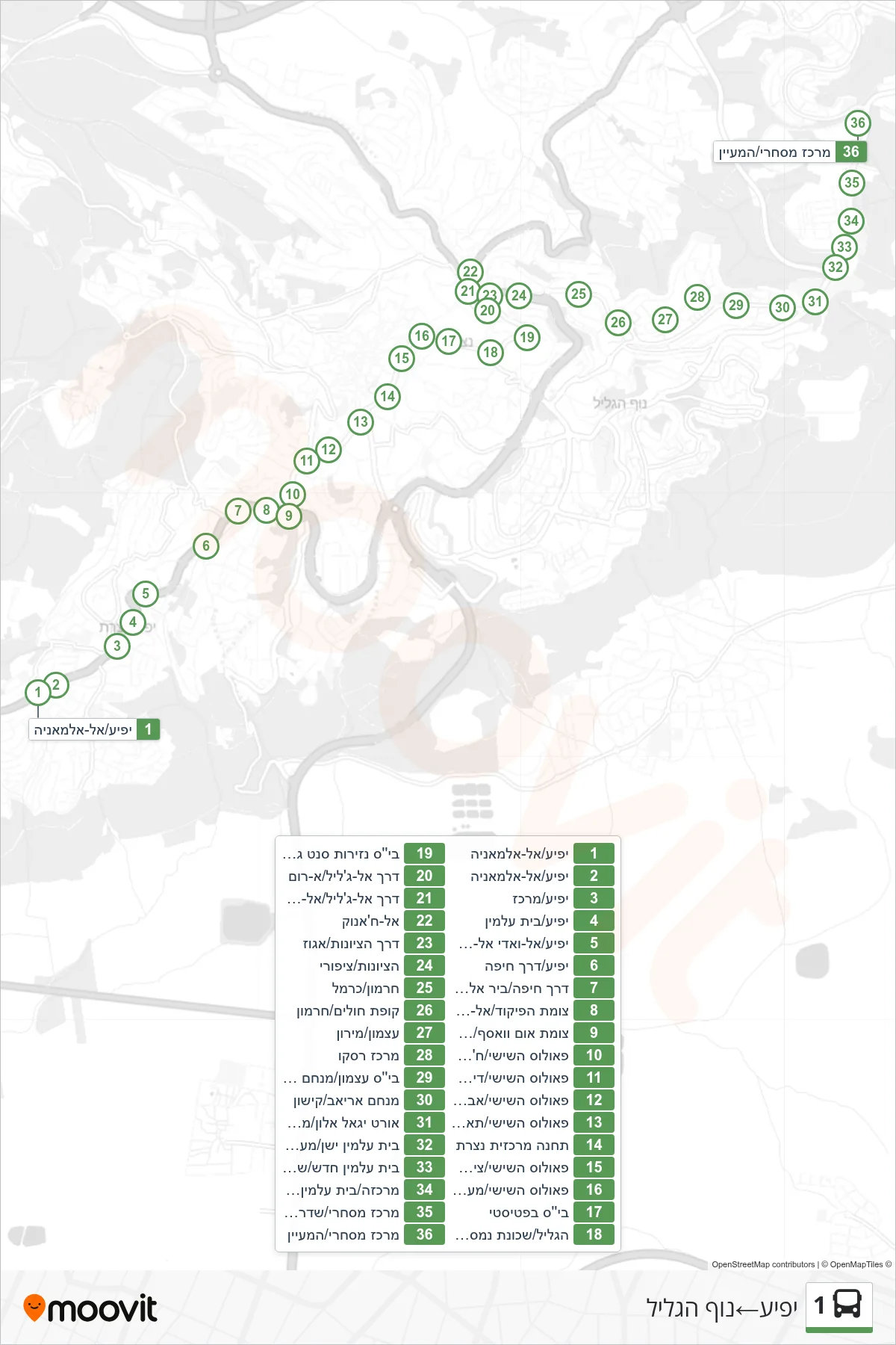 1 bus Line (Yafi'a‎→Nof HaGalil) route and stops on a map
