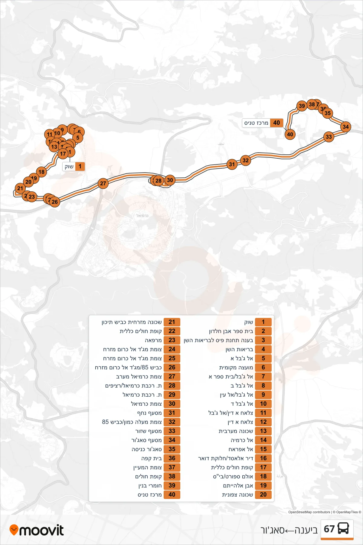 67 bus Line (Bi'ina‎→Sajur) route and stops on a map