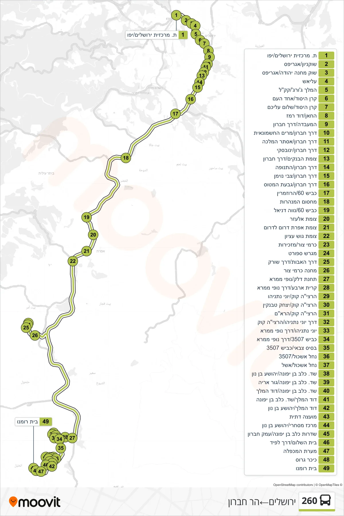 260 bus Line (Jerusalem‎→Har Hebron) route and stops on a map