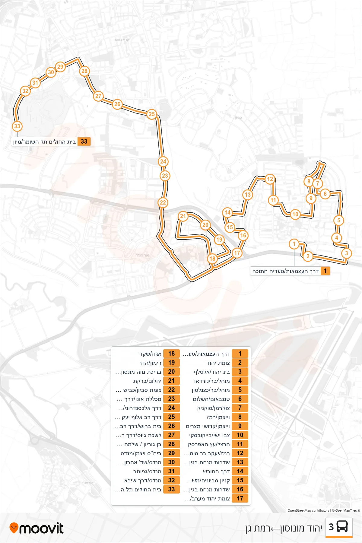 3 bus Line (Yehud-Monosson‎→Ramat Gan) route and stops on a map