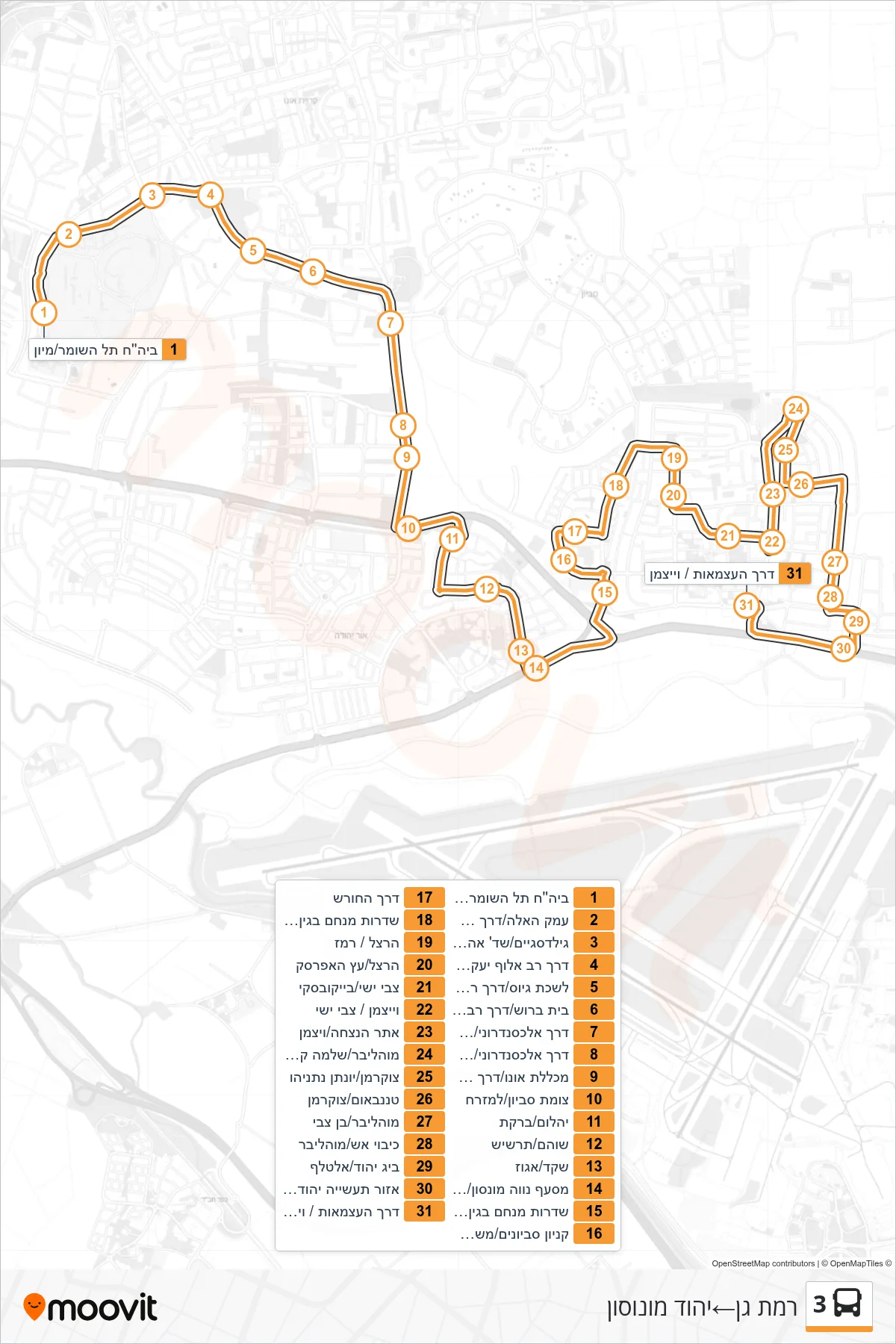3 bus Line (Ramat Gan‎→Yehud-Monosson) route and stops on a map