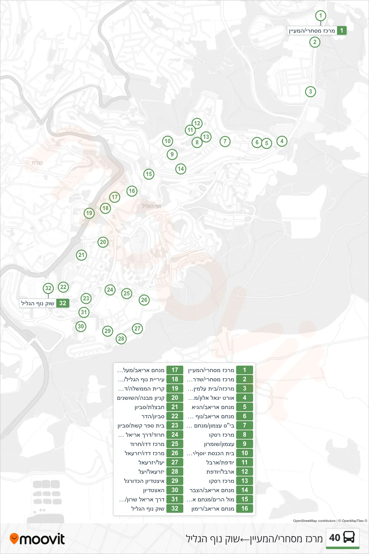 40 bus Line (Commercial Center/HaMaayan‎→Nof HaGalil Market) route and stops on a map