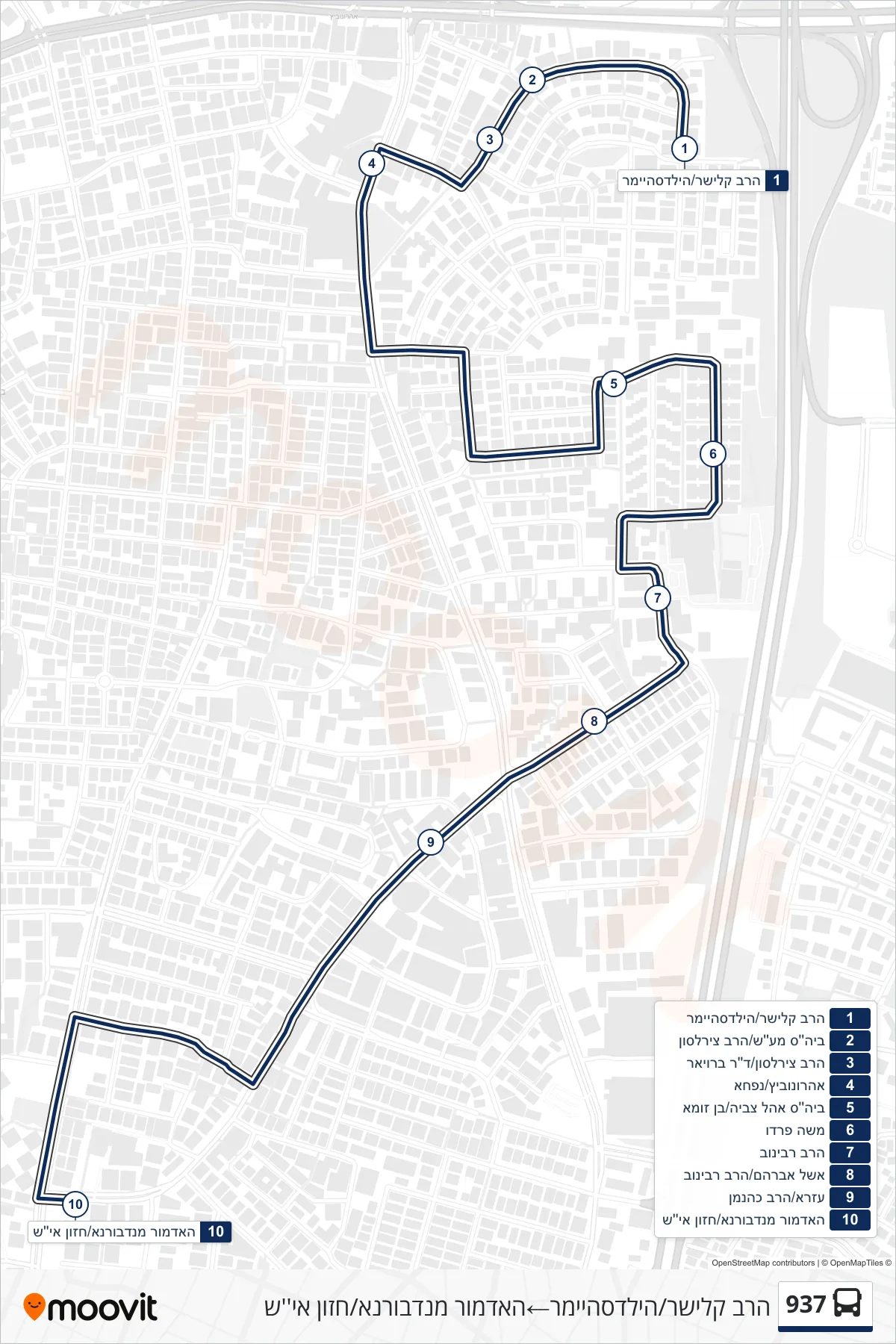 937 bus Line (HaRav Kalisher/Hildesheimer‎→Admor of Nadvorna/Chazon Ish) route and stops on a map