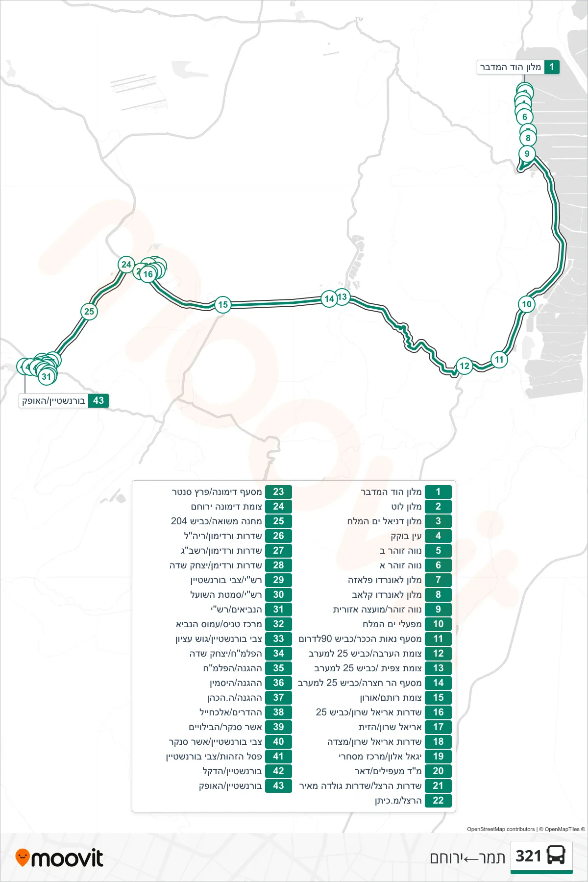 321 bus Line (Tamar→Yeruham) route and stops on a map