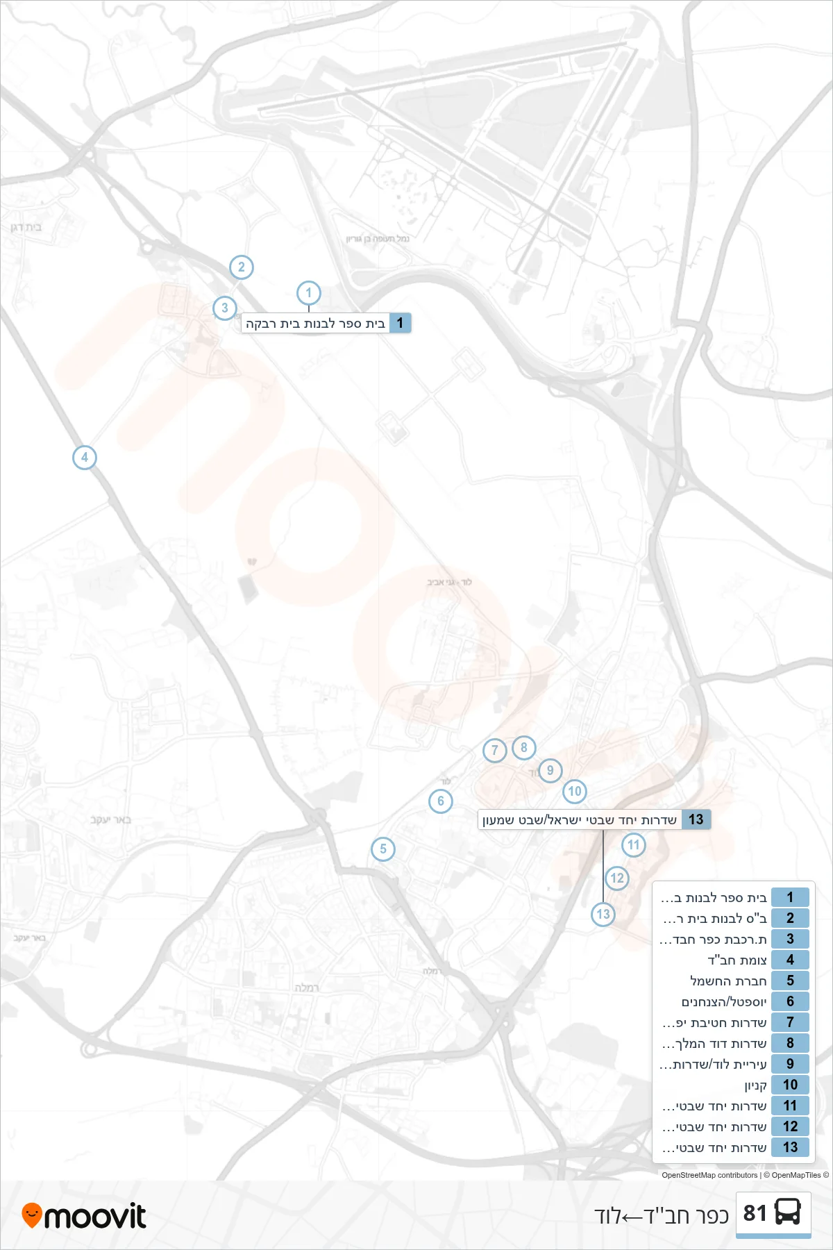 81 bus Line (Kfar Chabad‎→Lod) route and stops on a map