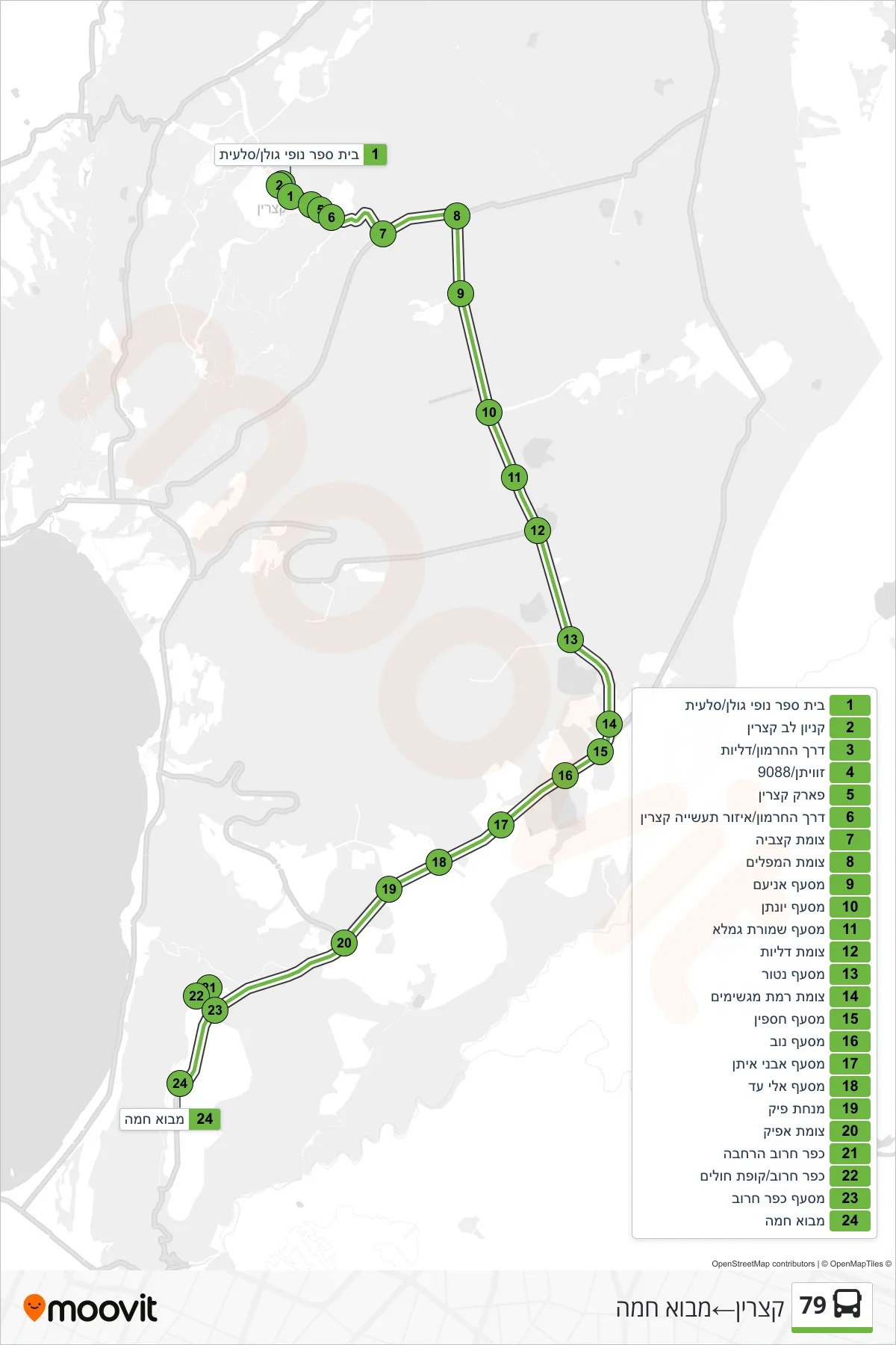79 Line (Katzrin→Mevo Hama) route and stops on a map