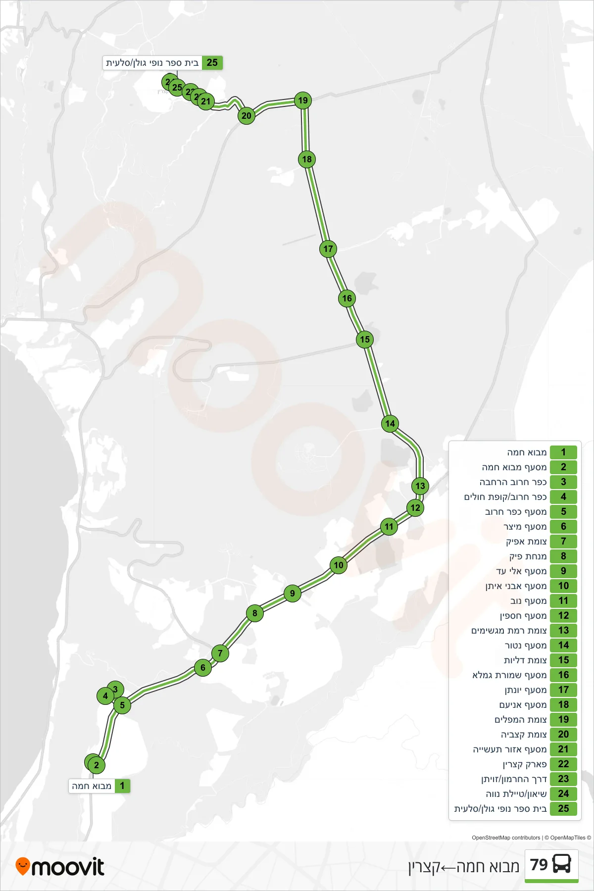 79 bus Line (Mevo Hama‎→Katzrin) route and stops on a map