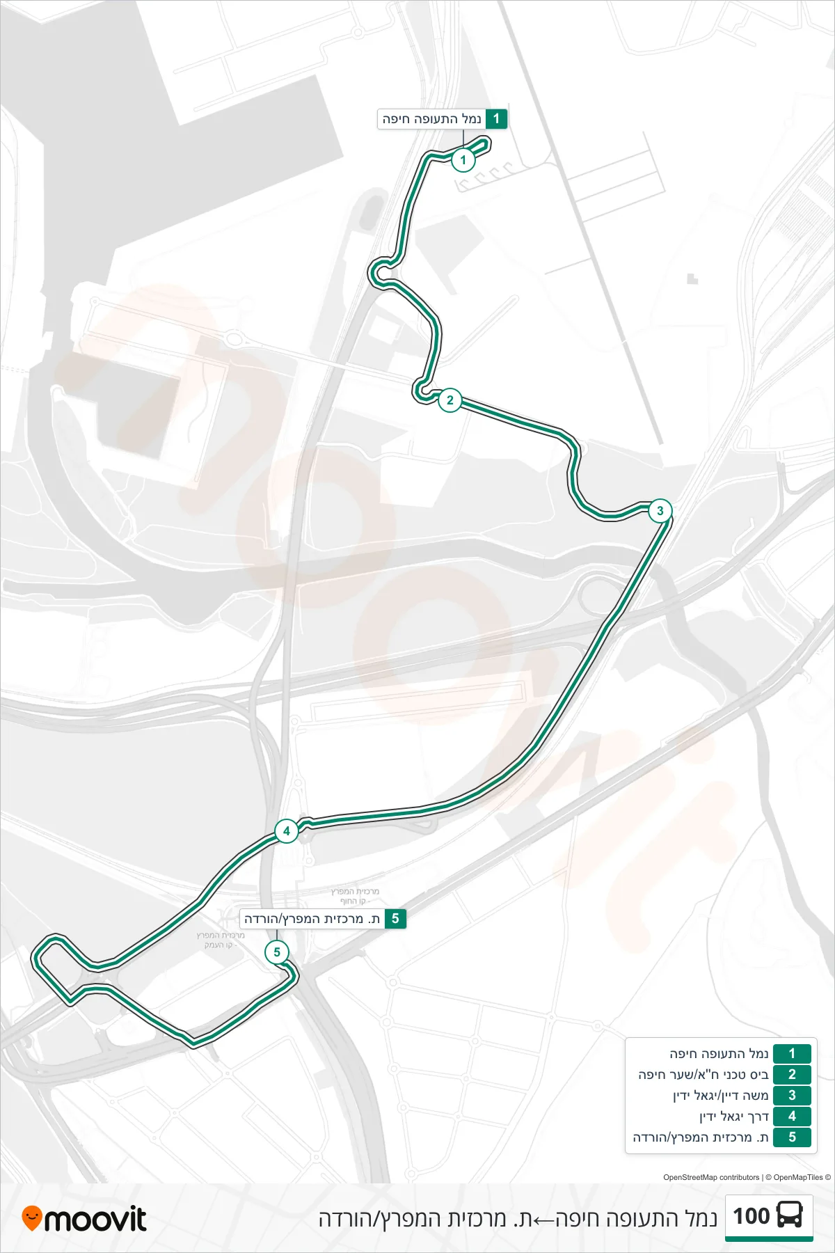 100 bus Line (Haifa Airport‎→HaMifratz Central Station/Drop Off) route and stops on a map
