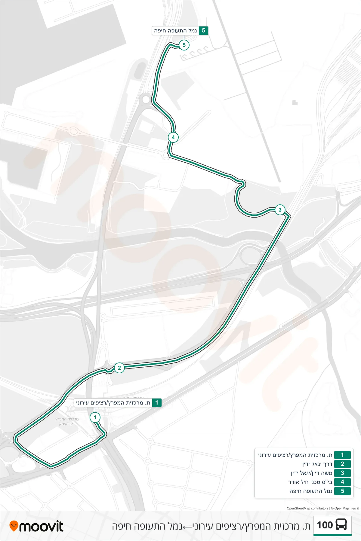 100 bus Line (HaMifratz Central Station/City Platforms‎→Haifa Airport) route and stops on a map