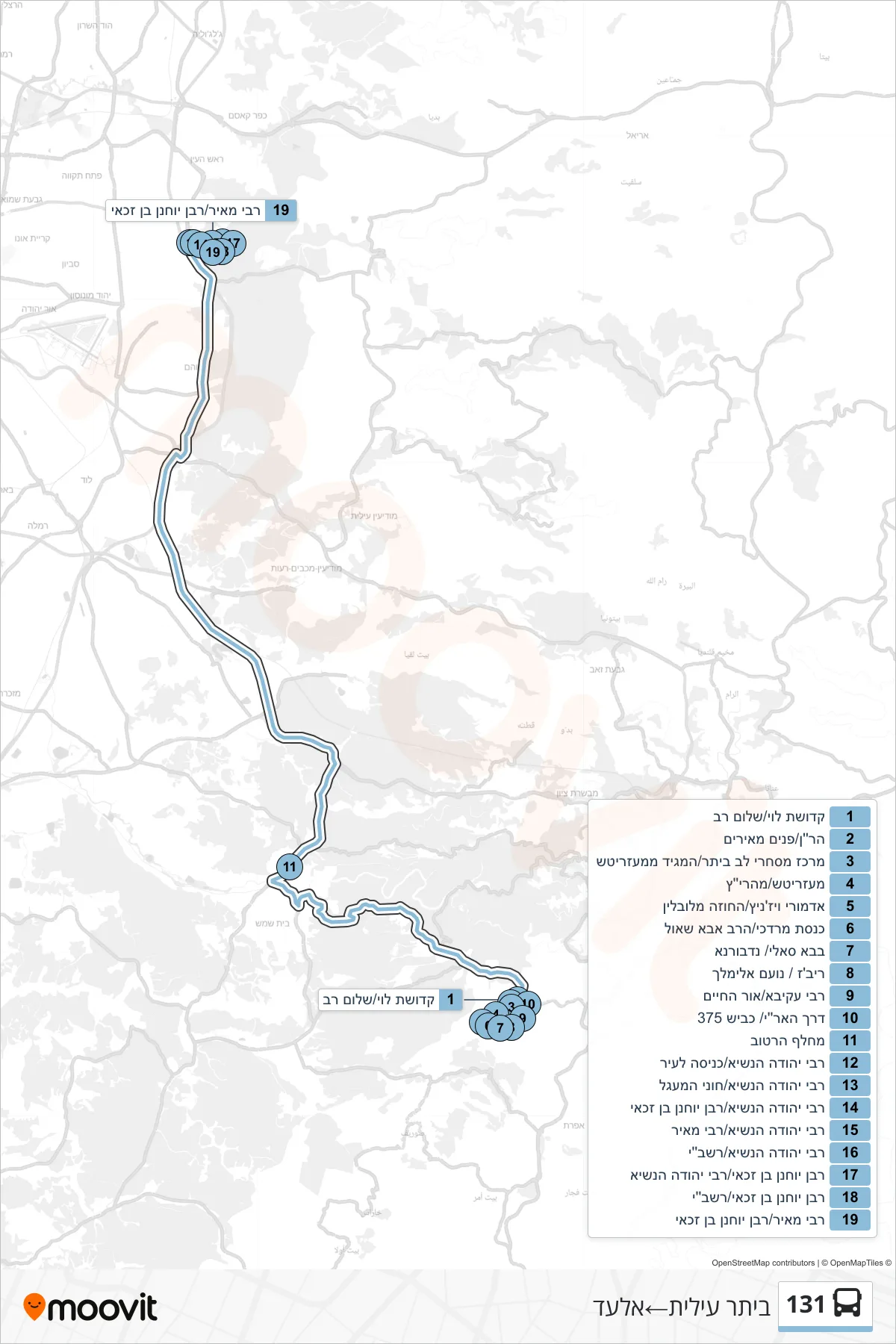131 bus Line (Beitar Illit‎→Elad) route and stops on a map