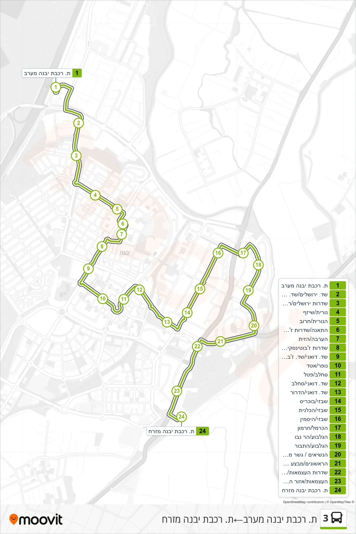 3  Line (Yavne West Railway Station‎→Yavne East Railway Station) route and stops on a map