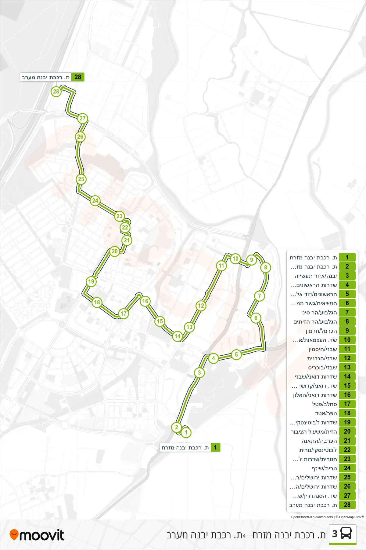 3 bus Line (Yavne East Railway Station‎→Yavne West Railway Station) route and stops on a map
