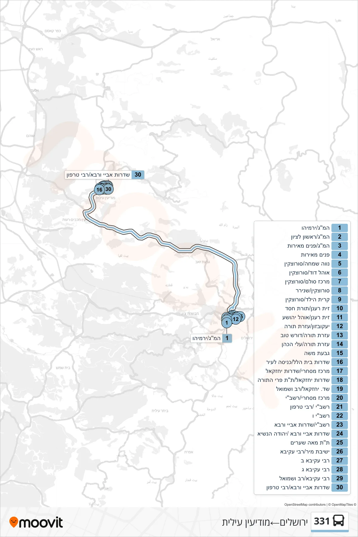 331 bus Line (Jerusalem‎→Modi'in Illit) route and stops on a map