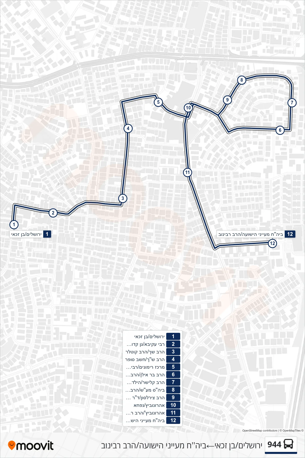 944 bus Line (Jerusalem/Ben Zakkai‎→Mayanei HaYeshua Hospital/Rabbi Rabinov) route and stops on a map