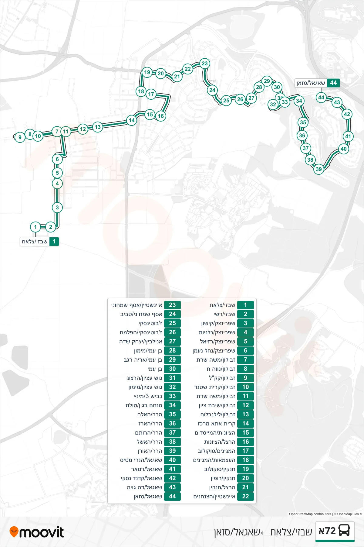 72A bus Line (Shabazi/Salah→Chagall/Cezanne) route and stops on a map