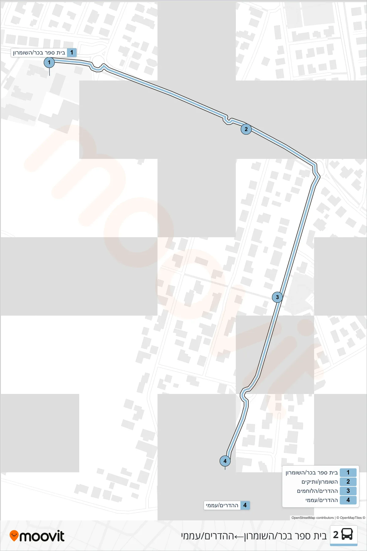 2 bus Line (Bachar School/HaShomron‎→HaHadarim/Amami) route and stops on a map
