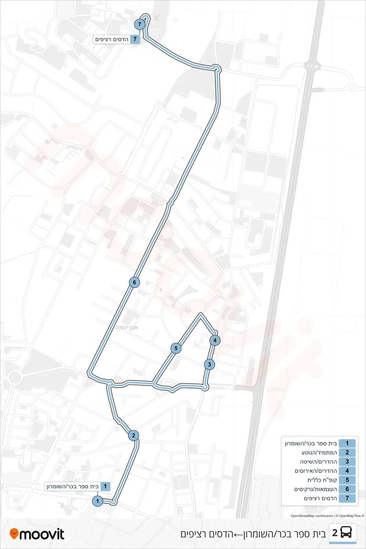 2 bus Line (Bachar School/HaShomron‎→Hadasim Platforms) route and stops on a map