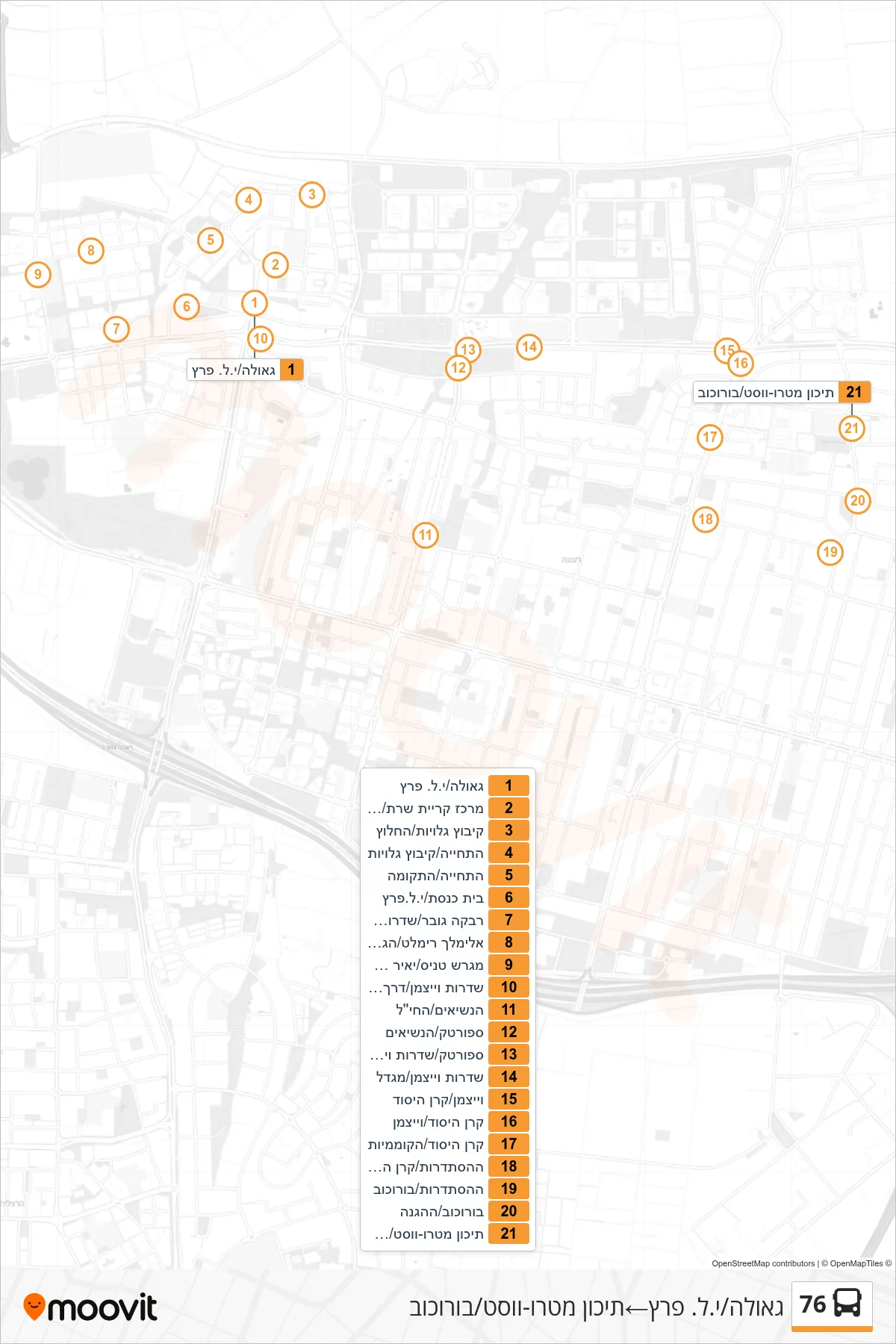 76  Line (Geula/Y.L. Peretz‎→Metro-West High School/Borochov) route and stops on a map