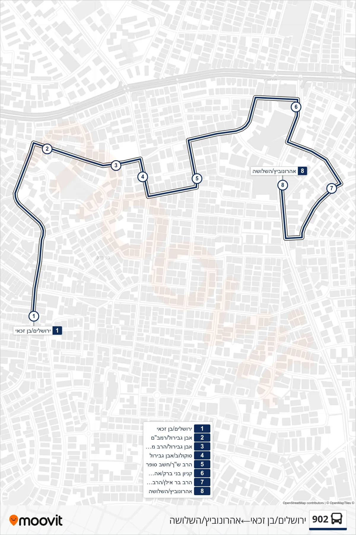 902  Line (Jerusalem/Ben Zakkai‎→Aharonovich/HaShlosha) route and stops on a map