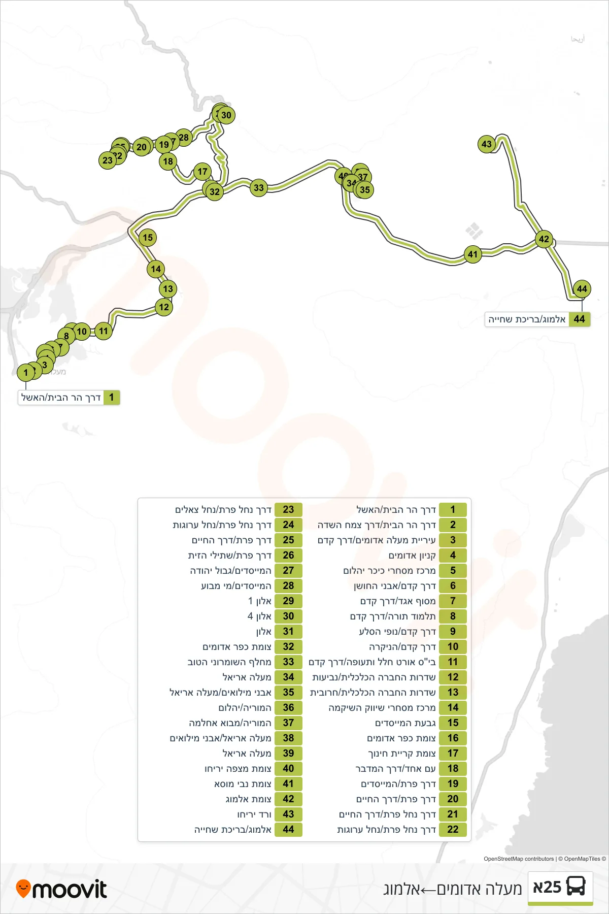 25A bus Line (Ma'ale Adumim→Almog) route and stops on a map