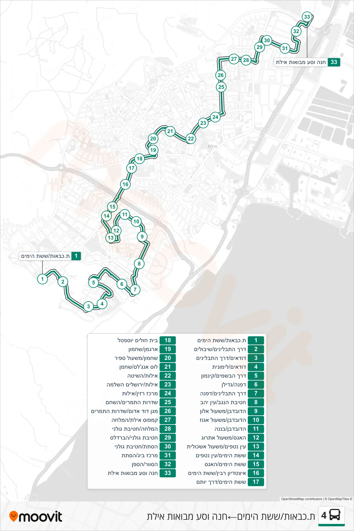 4 bus Line (Fire Station/Sheshet HaYamim‎→Park and Ride Eilat Approaches) route and stops on a map