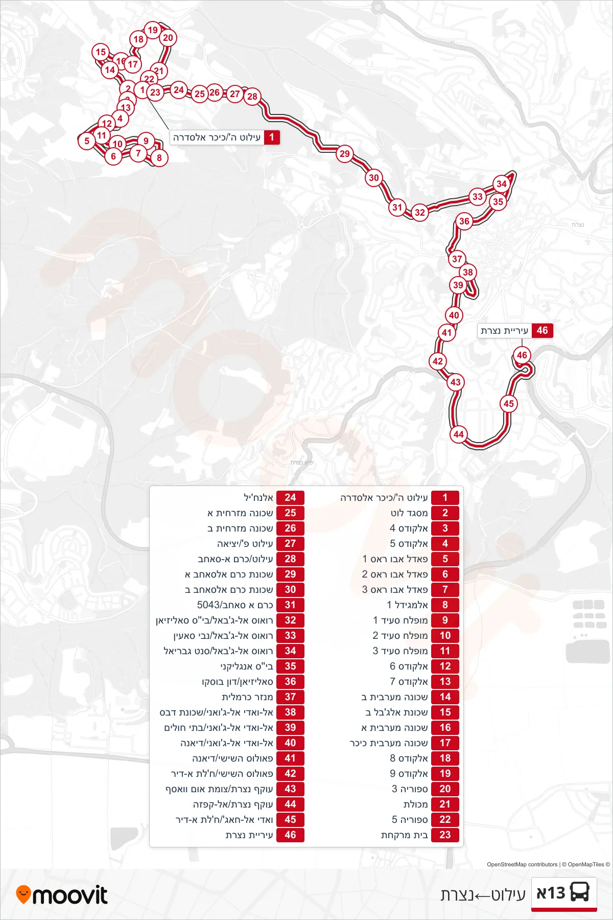 13A bus Line (Ilut‎→Nazareth) route and stops on a map