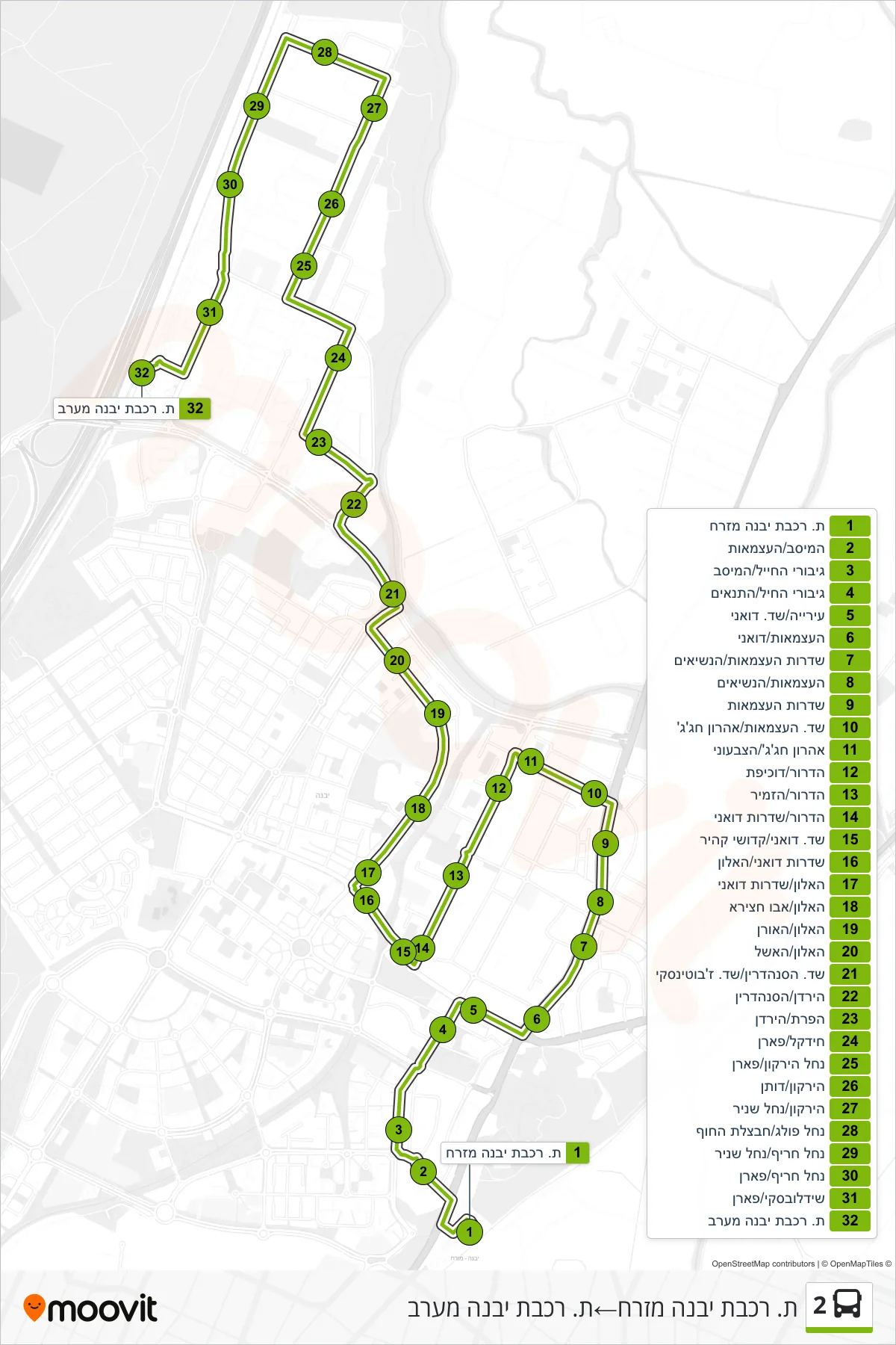 2  Line (Yavne East Railway Station‎→Yavne West Railway Station) route and stops on a map