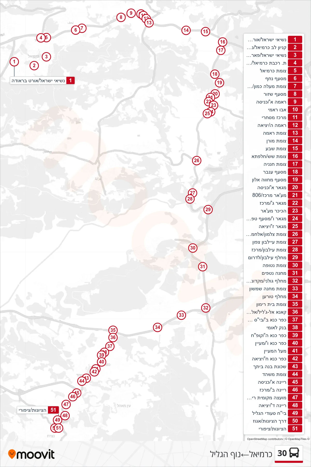 30 bus Line (Carmiel‎→Nof HaGalil) route and stops on a map