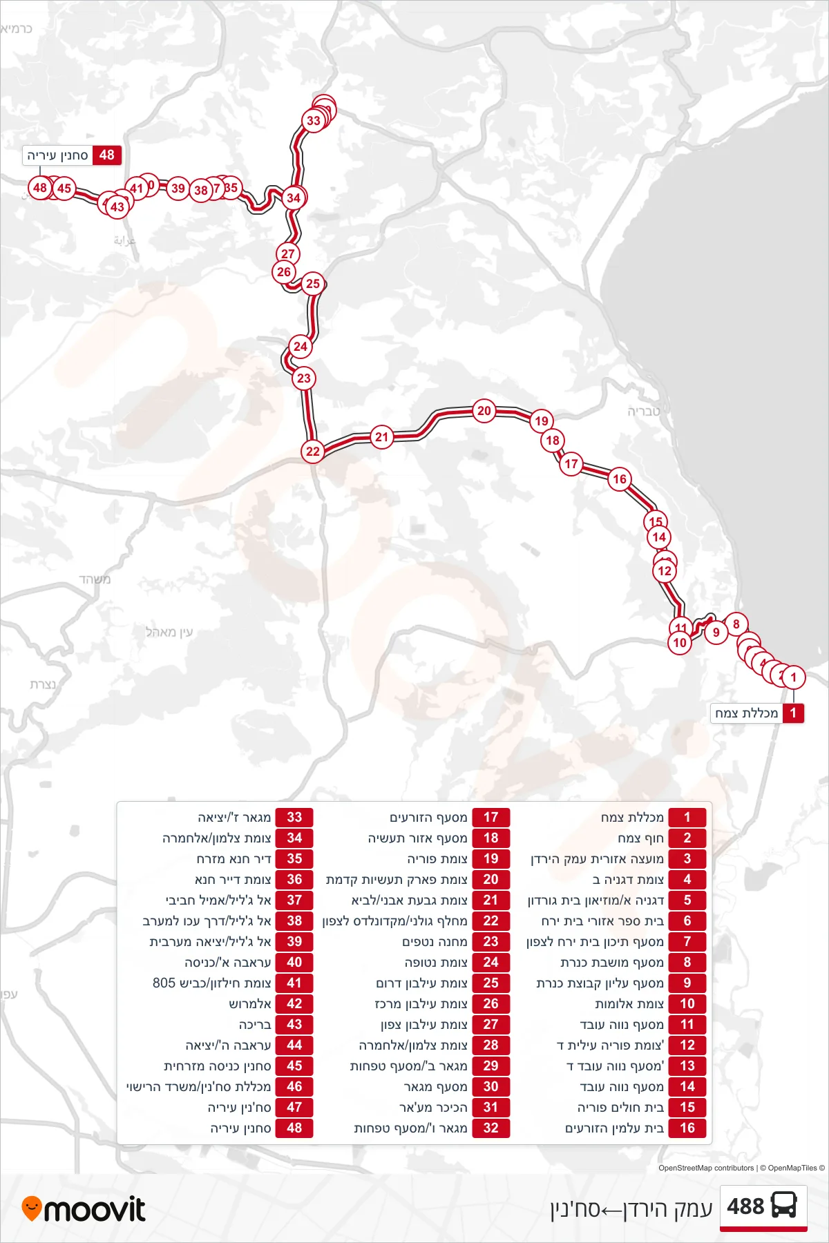 488 bus Line (Emek HaYarden→Sakhnin) route and stops on a map