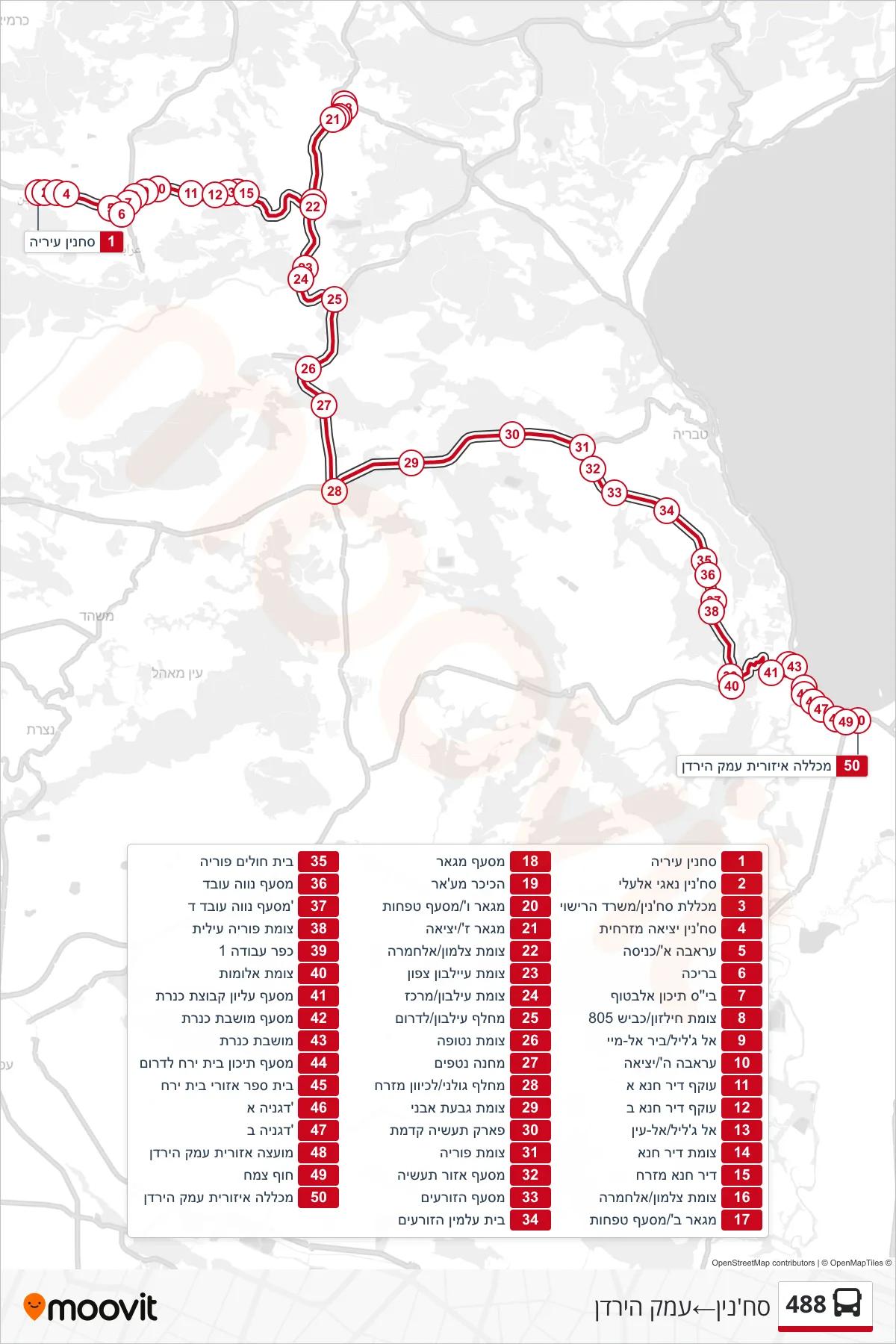 488 bus Line (Sakhnin→Emek HaYarden) route and stops on a map