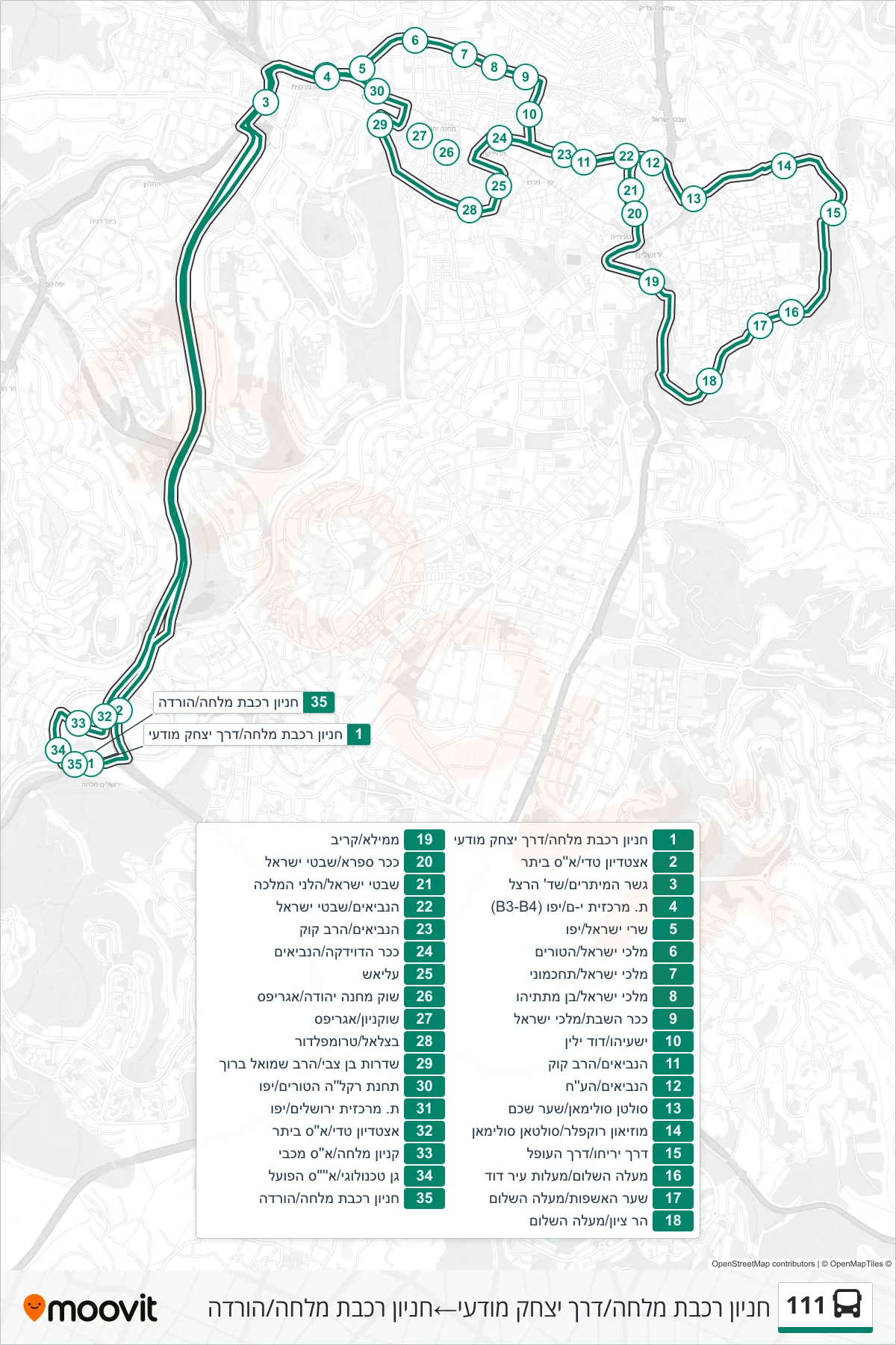 111 bus Line (Malha Railway Parking/Yitzhak Modai Road‎→Malha Train Station Parking/Drop-off) route and stops on a map