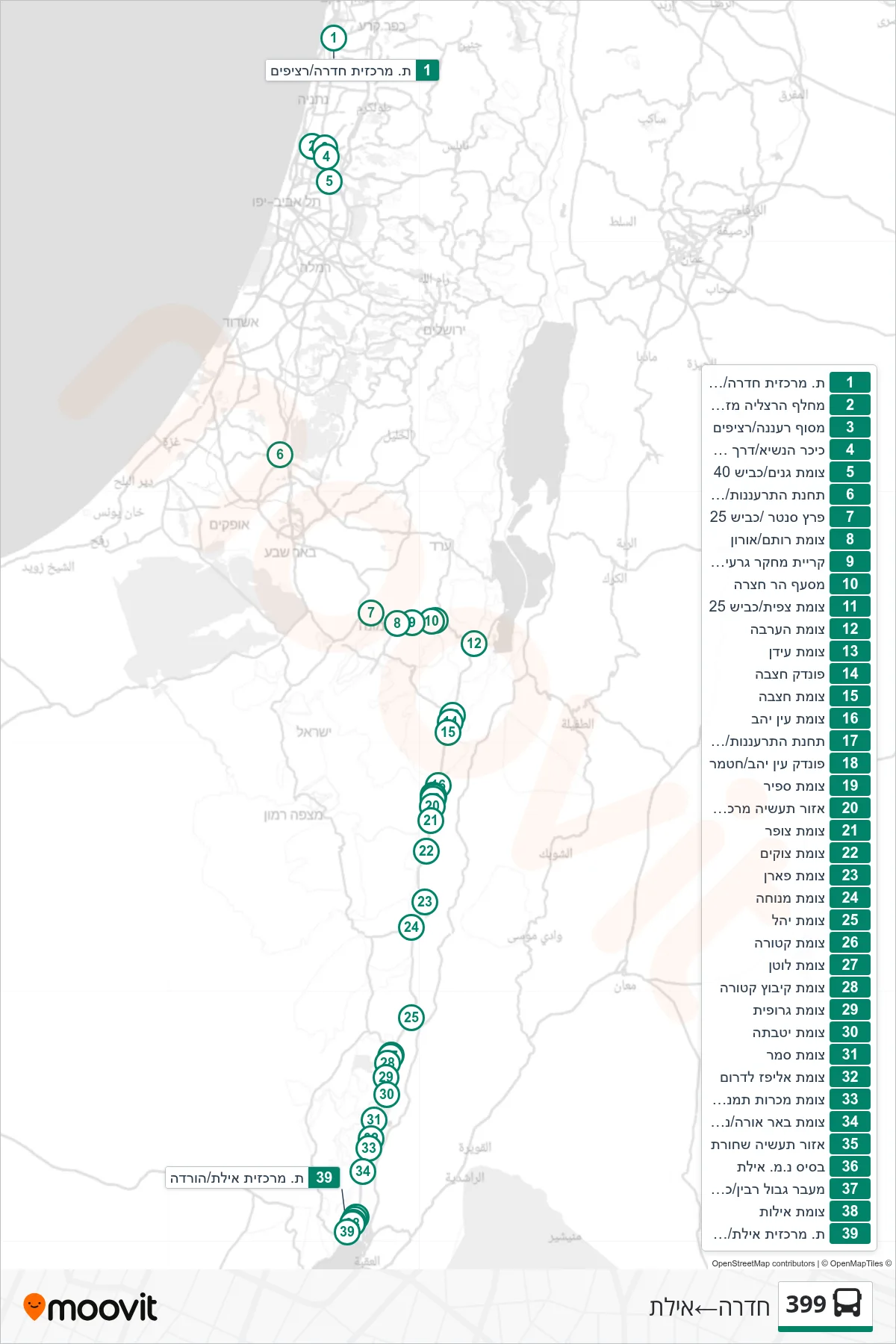 399 bus Line (Hadera‎→Eilat) route and stops on a map