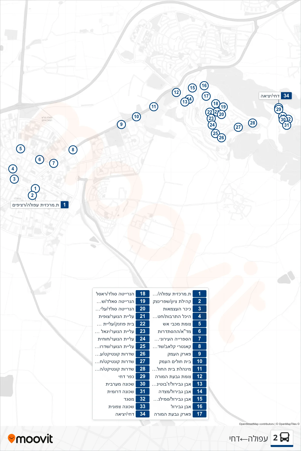 2 bus Line (Afula‎→Dahi) route and stops on a map