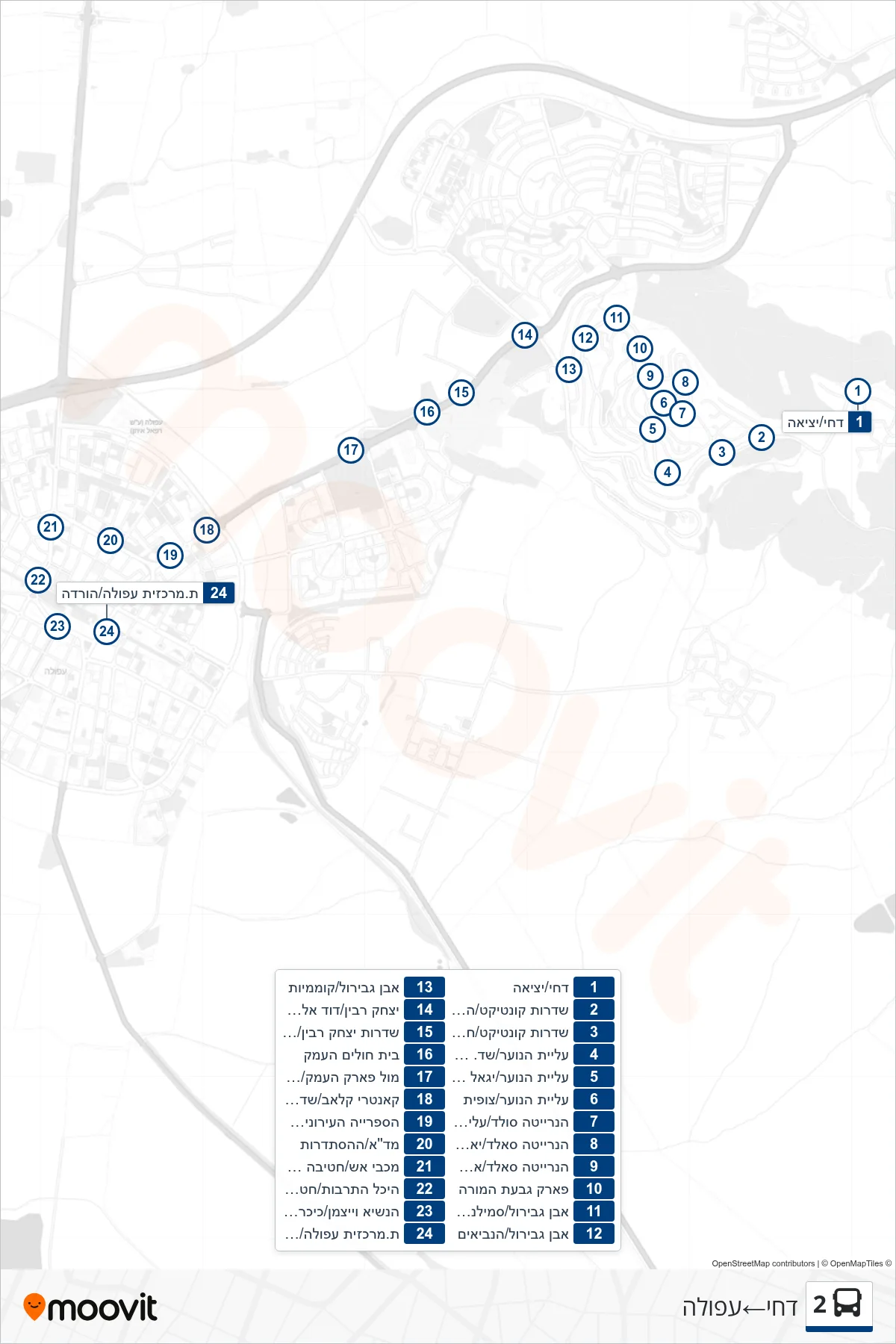 2 bus Line (Dahi‎→Afula) route and stops on a map