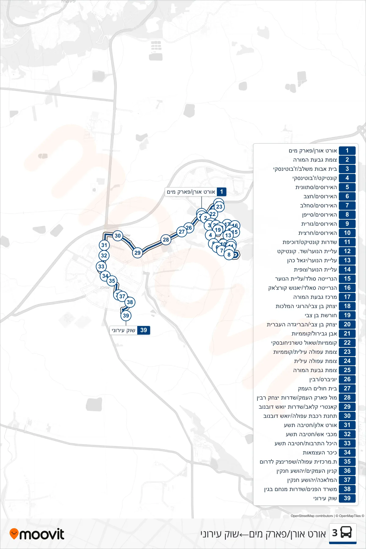 3 bus Line (אורט אורן/פארק מים‎→City Market) route and stops on a map