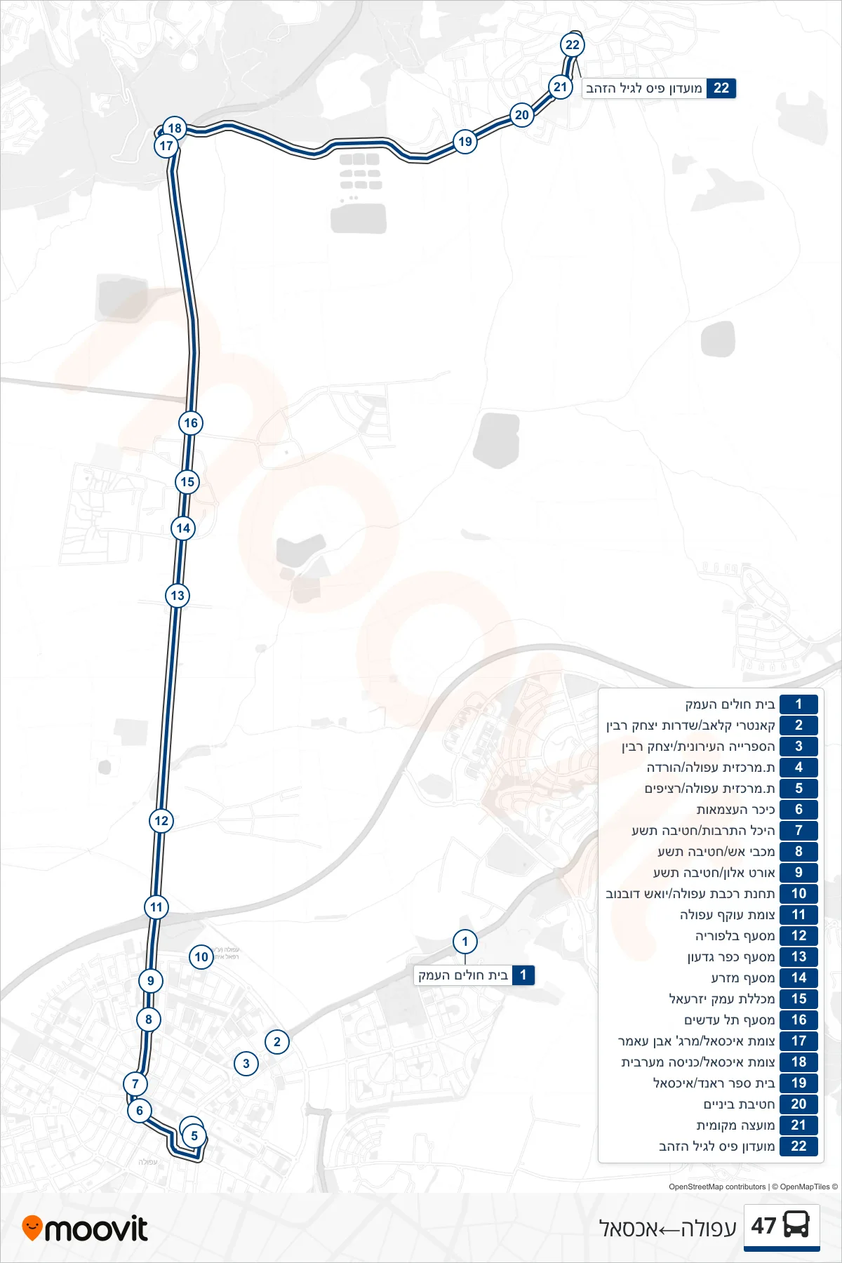 47 bus Line (Afula→Iksal) route and stops on a map