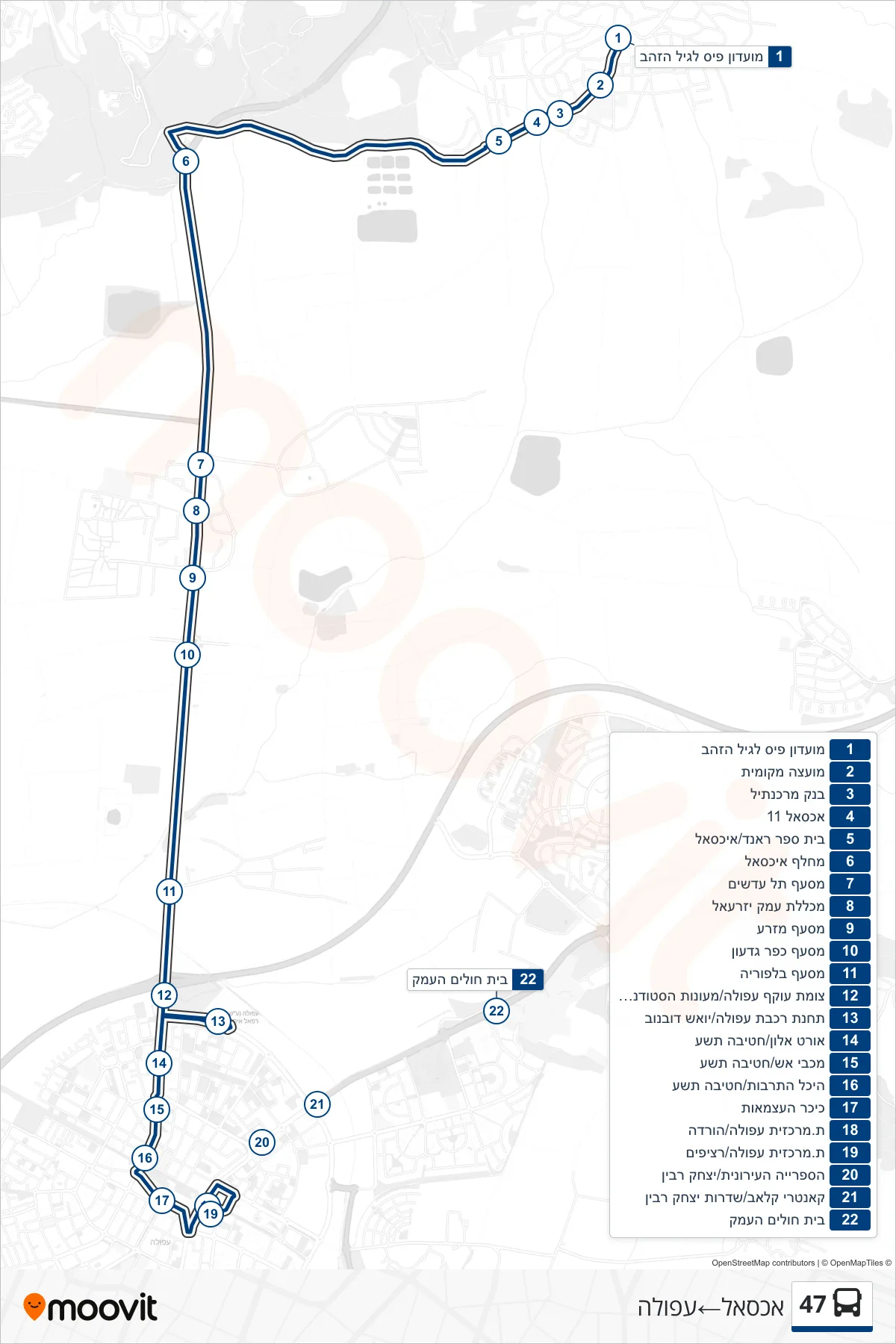 47 bus Line (Iksal→Afula) route and stops on a map