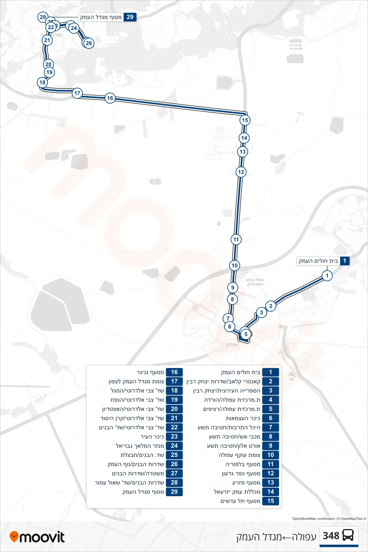 348 bus Line (Afula‎→Migdal HaEmek) route and stops on a map