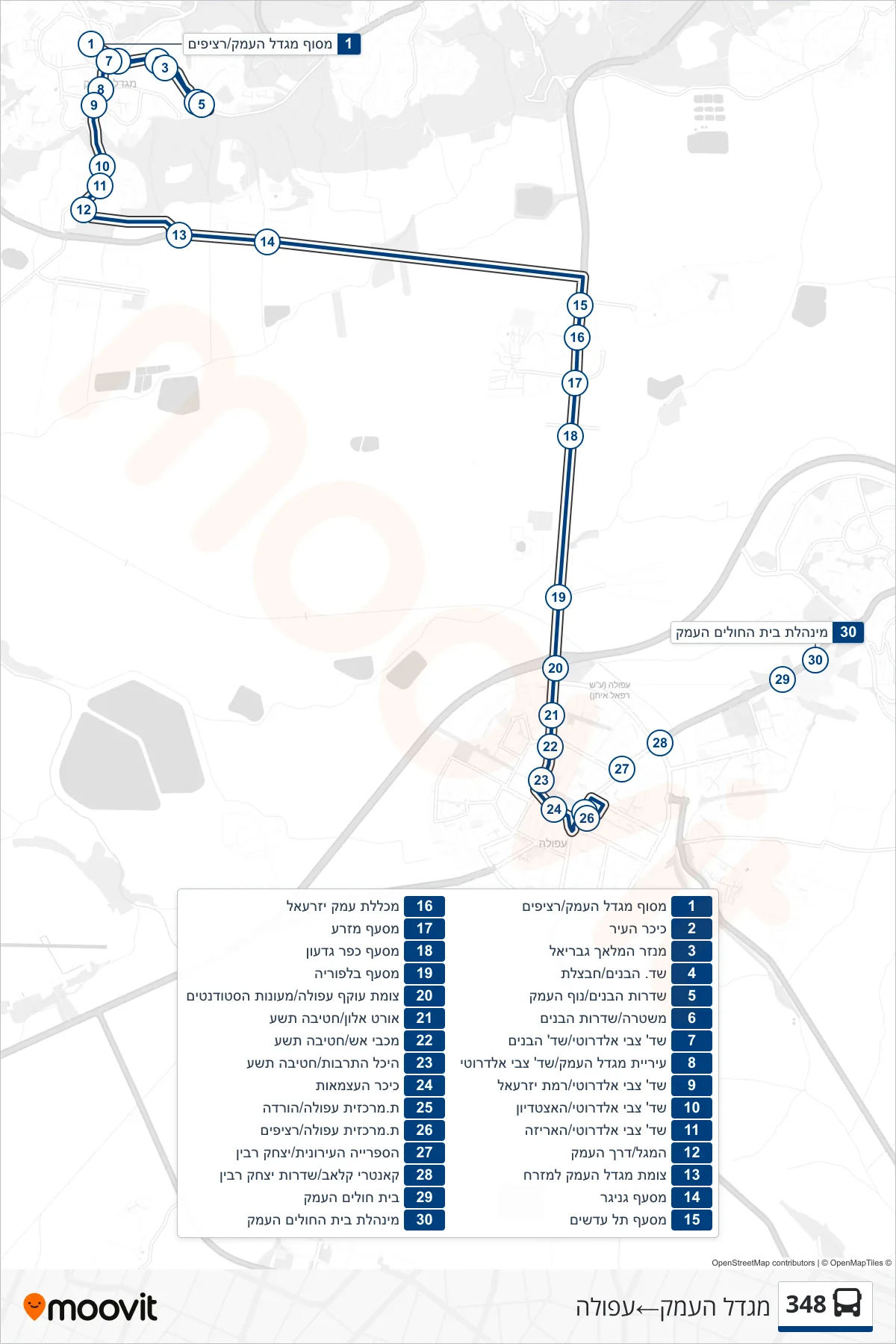 348  Line (Migdal HaEmek‎→Afula) route and stops on a map