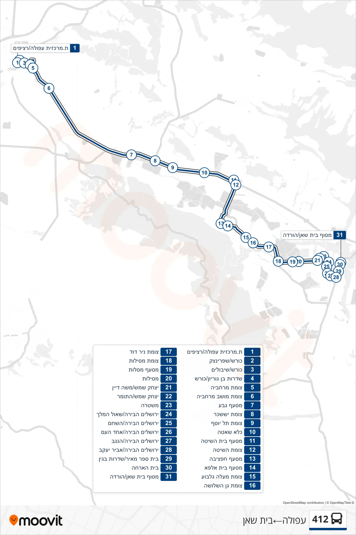 412 bus Line (Afula‎→Beit She'an) route and stops on a map