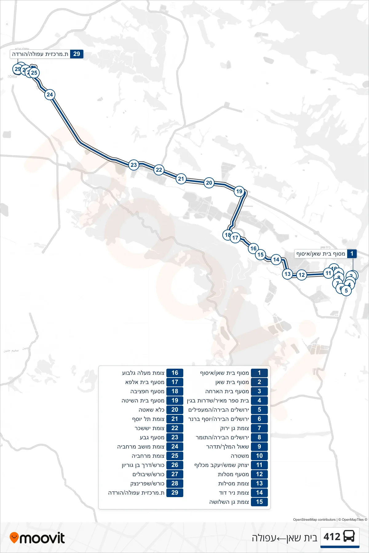 412 bus Line (Beit She'an→Afula) route and stops on a map