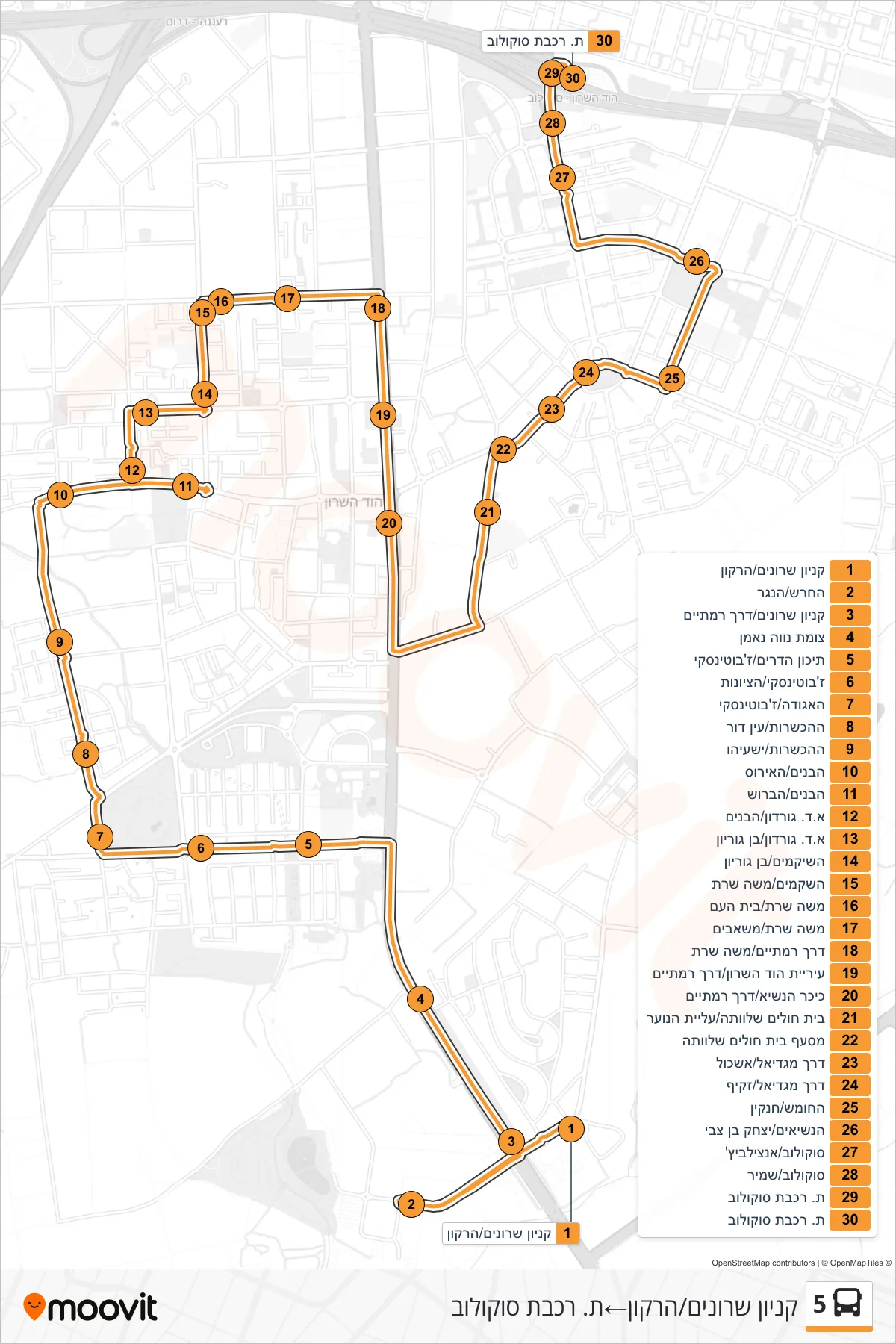 5 bus Line (Sharon Mall/HaYarkon‎→Sokolov Railway Station) route and stops on a map