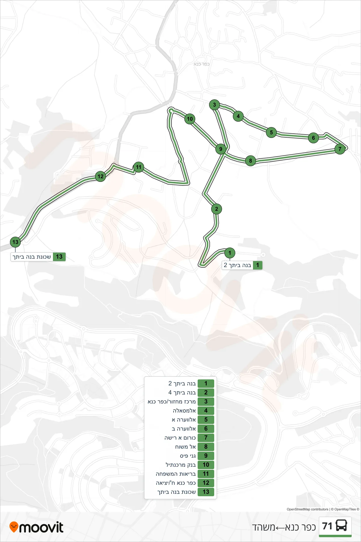 71  Line (Kafr Kana‎→Meshhed) route and stops on a map