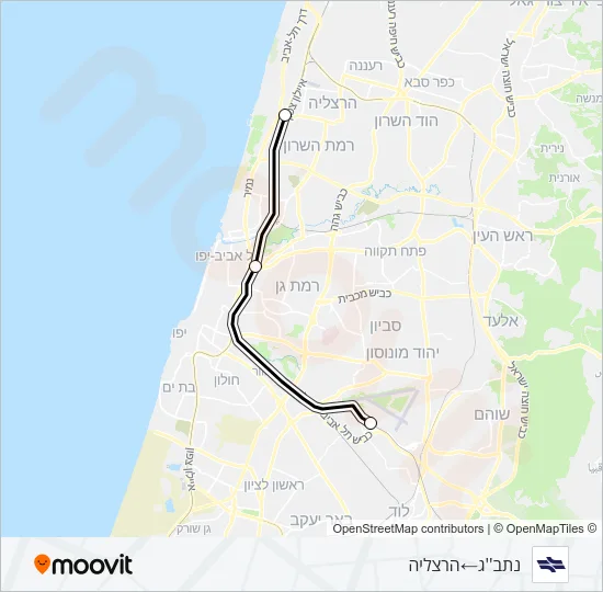 מפת המסלול של קו רכבת ישראל נתב''ג - הרצליה